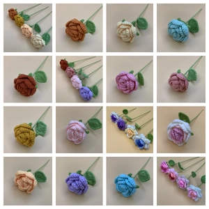 Detailed grid view of handmade crochet roses in various vibrant colors for home decor