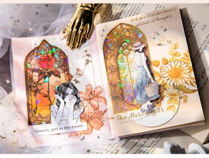 Macro detail of retro PET stickers with laser holographic finish and floral patterns
