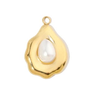Close-up of a gold teardrop pendant with a white pearl inlay on a white background
