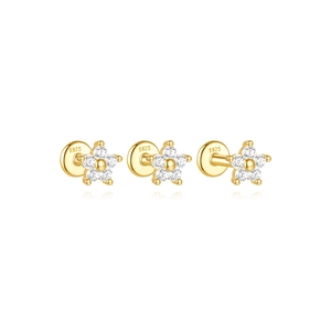 Macro shot of S925 sterling silver floral earrings set with white zirconia in gold finish