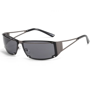 Y2K retro oval sunglasses with dark gray lenses and gunmetal hollow geometric frames