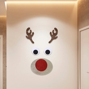 Detail of glitter reindeer wall stickers with brown antlers and a red nose for Christmas DIY