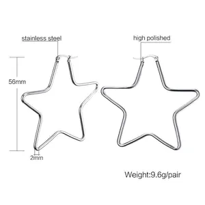 Detailed view of 56mm polished stainless steel hollow star hoop earrings with measurements