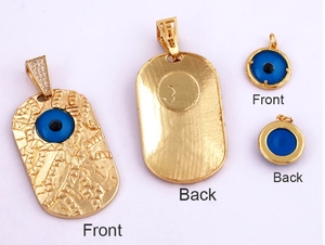 Front and back detail of gold evil eye pendants in rectangular and round shapes