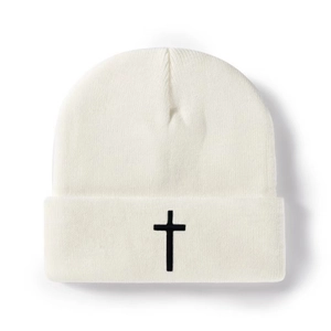 Winter white knit beanie hat with black cross embroidery for men and women