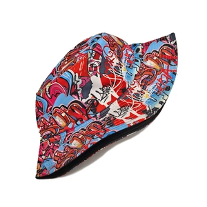Detailed top view of graffiti-style bucket hat with vibrant street art print pattern
