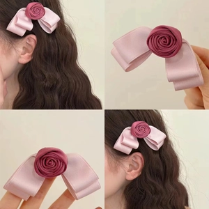 Handmade Rose Flower Satin Ribbon Hair Clips And Scrunchies Retro French Style Lace Bow Floral Headwear For Women