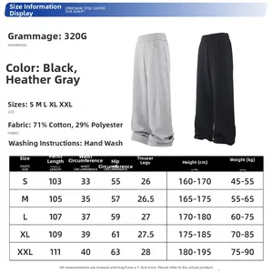 Detailed size chart and washing instructions for men's loose fit straight cotton pants
