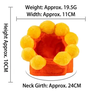 Detailed plush sunflower pet headwear showing dimensions 11cm width and 24cm neck size