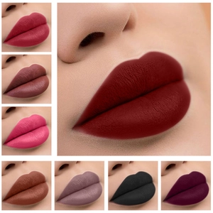 Collage showing various matte liquid lipstick shades from deep red to bold dark brown tones