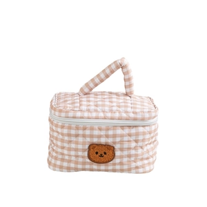 Quilted cotton checkered makeup bag with cute brown bear embroidery and top handle