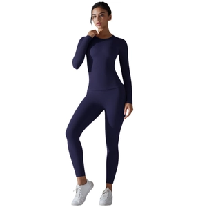 Ensemble de yoga bleu marine pour femme avec haut à manches longues et legging gainant