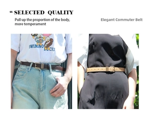 Detail of slim PU leather belts for women in brown and beige with golden buckle