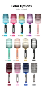Grid view of curved vented hair brushes in 13 colors with boar bristles and rubber handles