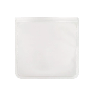 Thick frosted reusable food storage bag with zipper seal on a white background