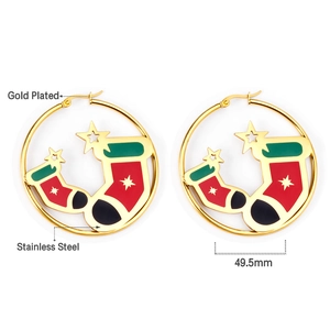 Detail of 49.5mm gold plated stainless steel hoop earrings with Christmas sock charms