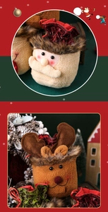 Close-up of Santa and Reindeer plush drawstring gift bags with soft lamb wool texture