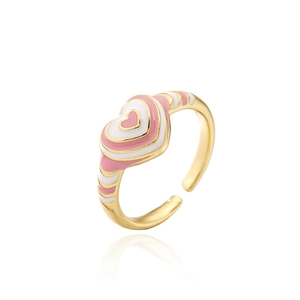 Detail of 18K gold plated heart ring with pink and white enamel in adjustable open design
