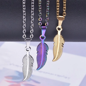 Minimalist feather pendant necklaces in silver, rainbow, and gold stainless steel