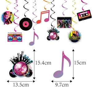 Disco party decorations set with vinyl records and music notes spiral hanging swirls
