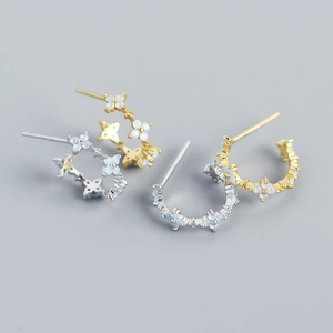 925 Sterling Silver Clover Flower C Shape Earrings With Milk White Synthetic Opal Sweet Elegant For Women