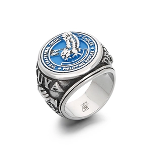 Polished silver stainless steel ring with blue eagle emblem and Fraternal Order engraving
