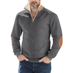 Men's quarter-zip sweatshirt in dark grey with elbow patches and fleece-lined collar