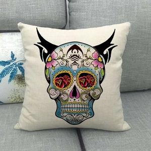 Bohemian colorful sugar skull pattern linen throw pillow cover on grey sofa