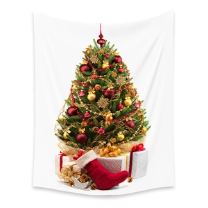 Detailed view of white Christmas tree tapestry with festive ornaments and red stockings