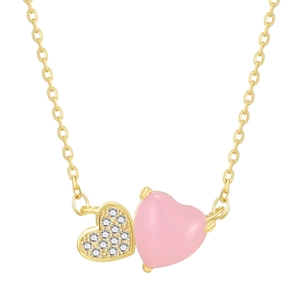 Elegant S925 silver necklace featuring pink enamel and crystal double heart pendants