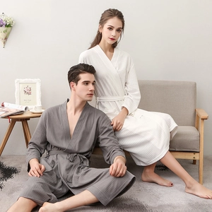 Waffle Weave Bathrobe V-Neck Belted Soft Absorbent Spa Hotel Casual Comfortable Sleepwear For Men And Women