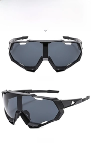 Front and 45-degree side view of black cycling sunglasses with dark grey lenses