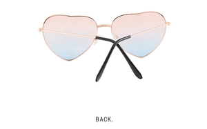 Detailed back view of heart-shaped sunglasses with pink-blue gradient lenses and gold frame