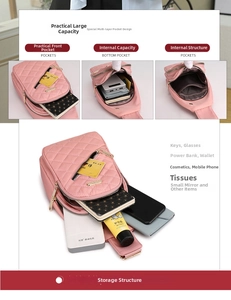 Pink quilted nylon chest bag showing multiple functional compartments and large storage capacity