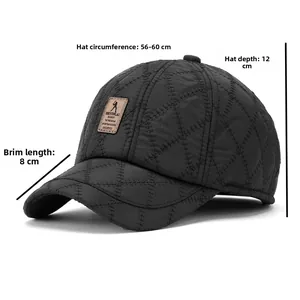 Close-up of quilted winter cap with ear flaps showing dimensions 56-60cm circumference