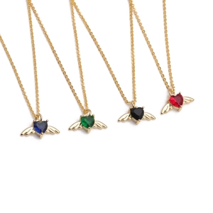 Angel Wings Heart Pendant Necklace Copper Gold Plated With Colorful Zirconia Gemstone Elegant Jewelry For Women Gift