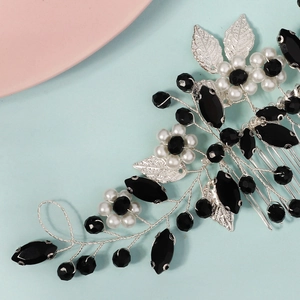 Handmade bridal hair comb with white pearls, black faceted beads and silver leaves