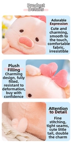 Detailed view of pink plush pig featuring soft fabric texture and red heart bow decoration