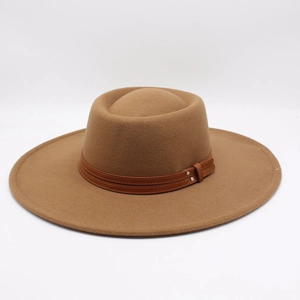 Detail of wool felt fedora featuring double leather bands and silver metal rivets