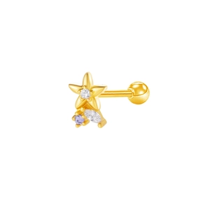 Detailed macro view of golden star cartilage earring with sparkling zircon stones