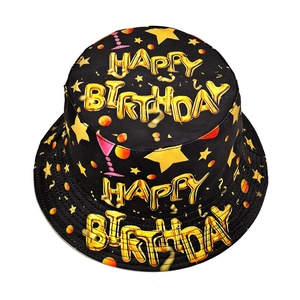 Black festive Happy Birthday bucket hat with golden stars and colorful confetti print