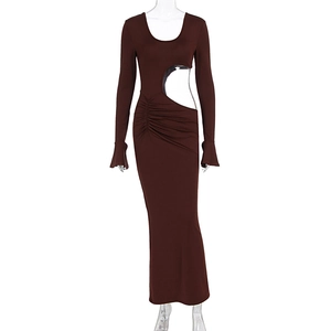 Detail of side cutout and ruched waist on deep brown long sleeve bodycon maxi dress