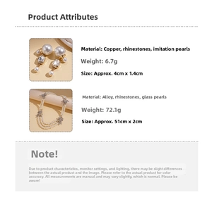 Detailed specs of multi-layer pearl necklace and rhinestone earrings with measurements
