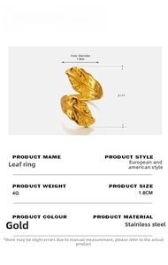 Detailed view of golden stainless steel feather ring with size measurements and 4g weight