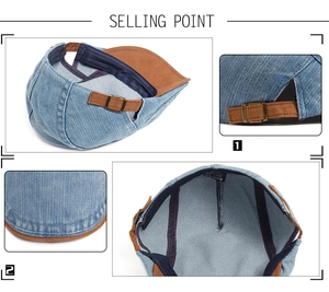 Detail of blue denim ivy cap with brown leather trim and adjustable metallic buckle