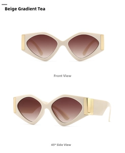 Front and 45-degree side view of beige geometric sunglasses with gold metal temples