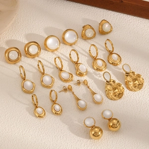 Golden stainless steel cat eye earrings collection featuring geometric teardrop and round designs