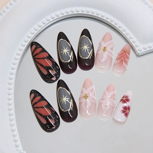 Stereo lily starburst press-on nails with 3D embossed floral and retro patterns