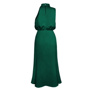 Rear view of deep green satin maxi dress showing halter neck and invisible zipper detail
