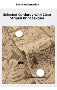 Close-up of khaki corduroy jacket fabric with leaf prints and silver metal buttons